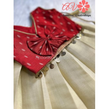 Red & Offwhite Kerala Kasavu Pattu Pavadai