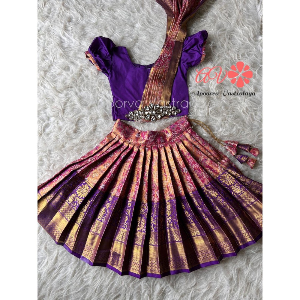 Purple & pink attached dupatta pattu pavadai