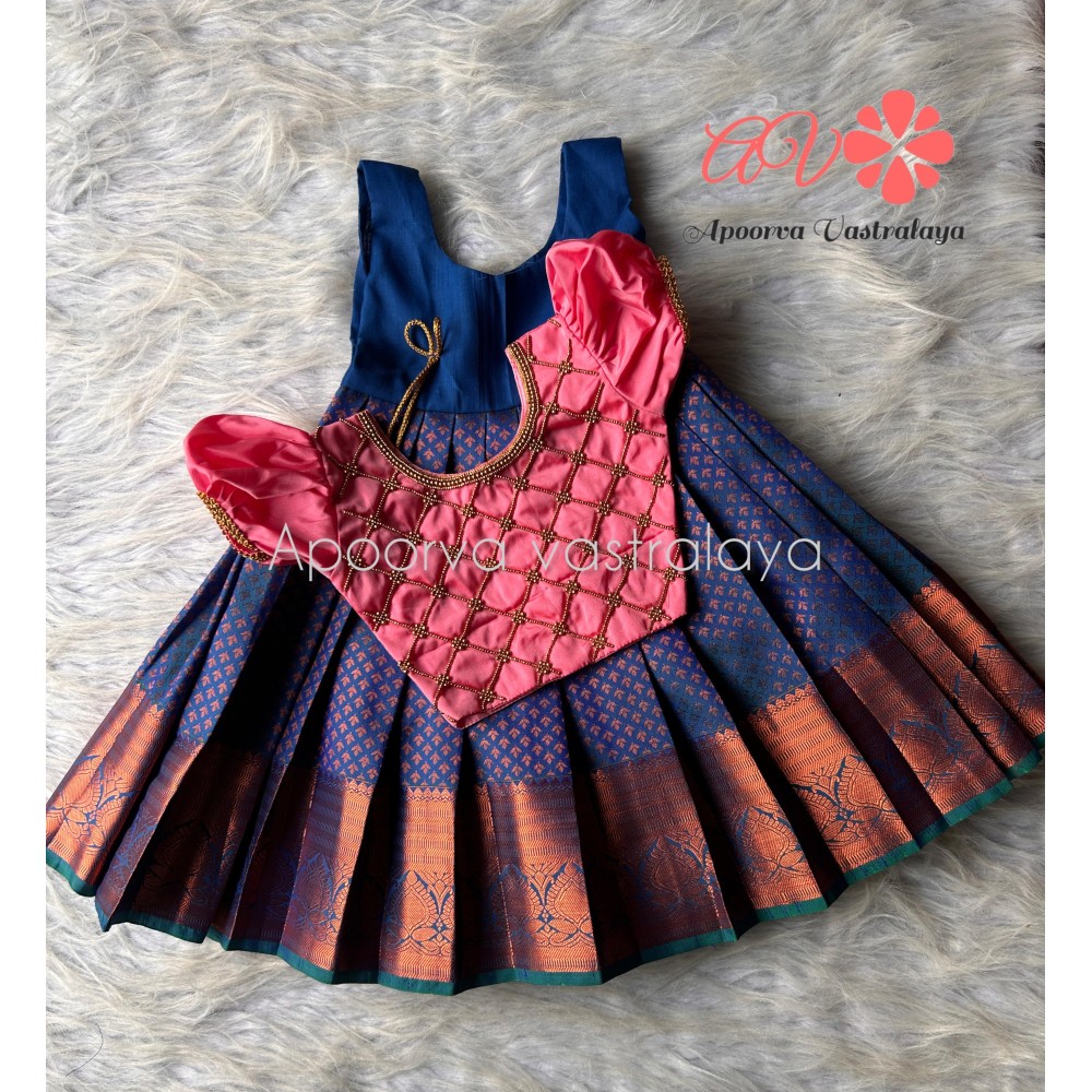 Peach & Peacock blue checked aari pattu pavadai