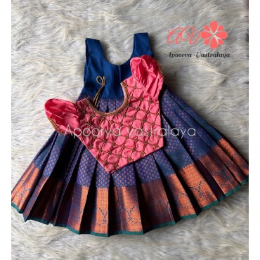 Peach & Peacock blue checked aari pattu pavadai