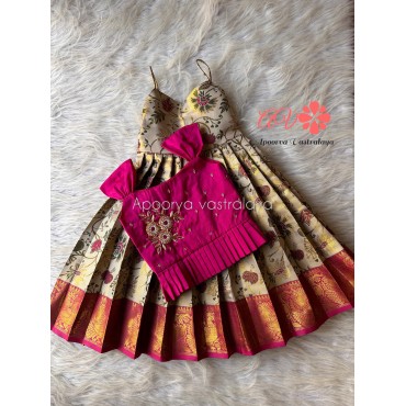 Pink & Offwhite kalamkari aari 2 in 1 pattu pavadai