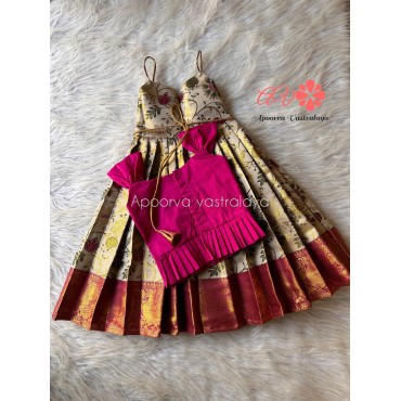 Pink & Offwhite kalamkari aari 2 in 1 pattu pavadai