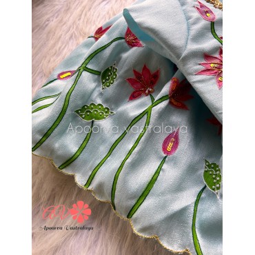 Baby blue hand painted raw silk lehenga