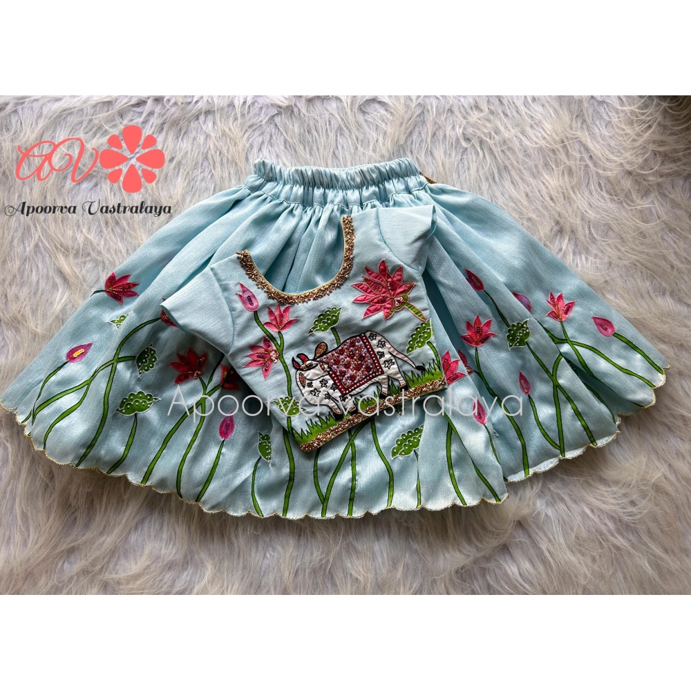 Baby blue hand painted raw silk lehenga