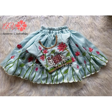 Baby blue hand painted raw silk lehenga