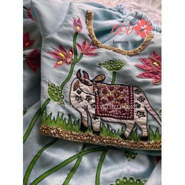 Baby blue hand painted raw silk lehenga