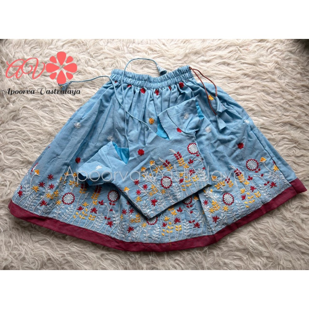 Baby Blue Khadi Cotton Embroidery pattu pavadai