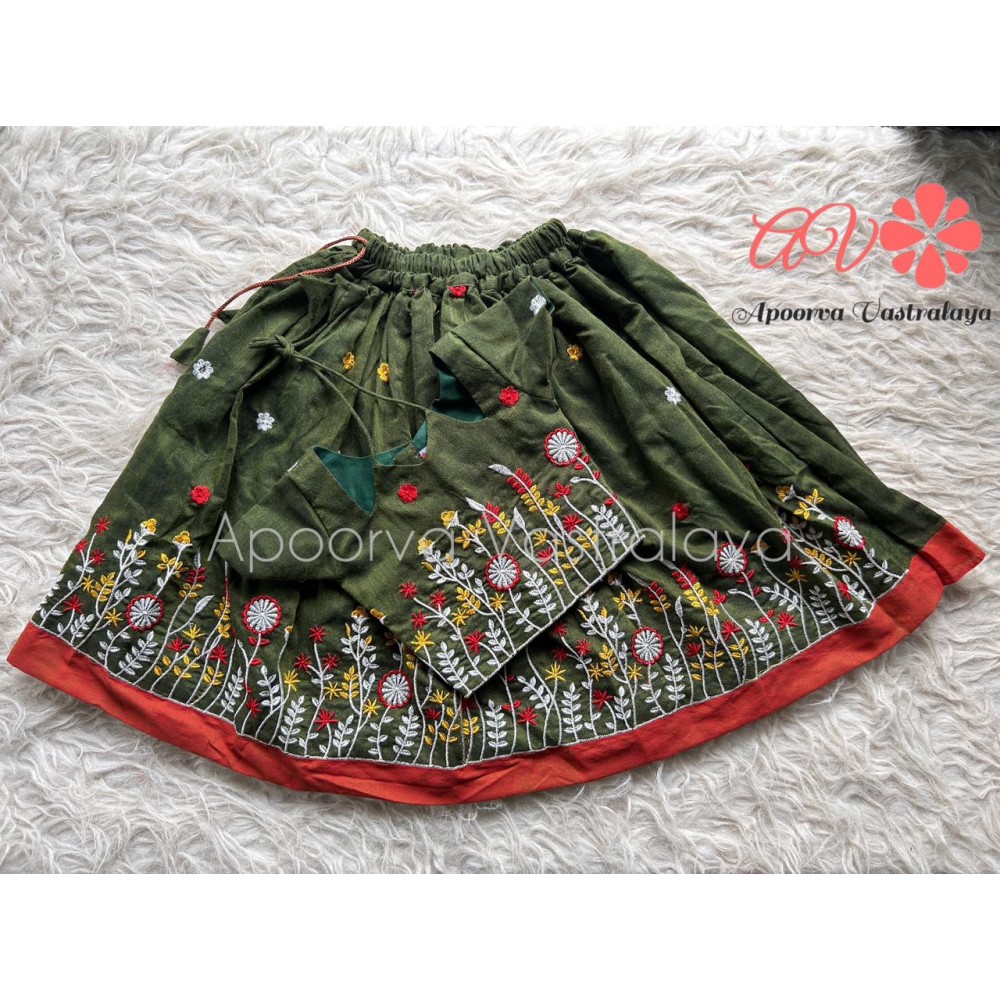 Green Khadi Cotton Embroidery pattu pavadai