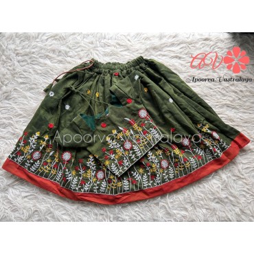 Green Khadi Cotton Embroidery pattu pavadai