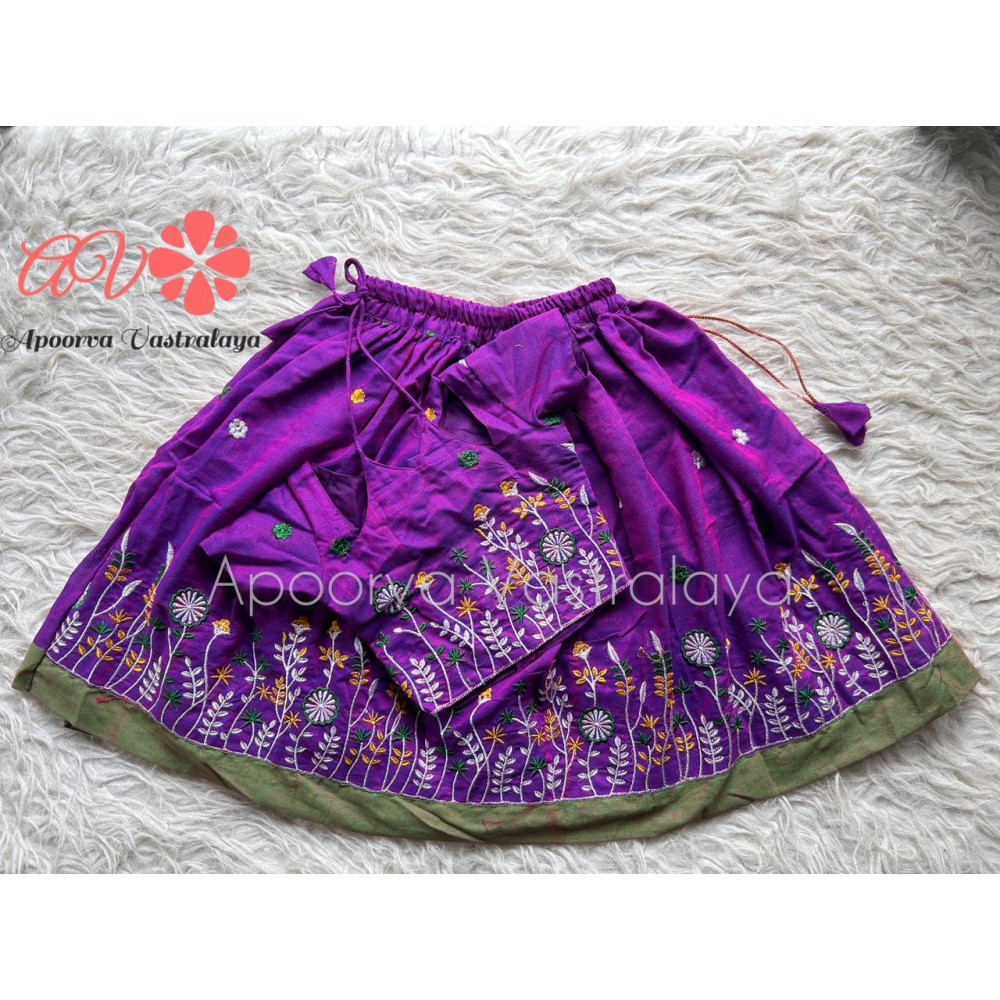 Purple Khadi Cotton Embroidery pattu pavadai