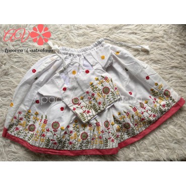 White Khadi Cotton Embroidery pattu pavadai