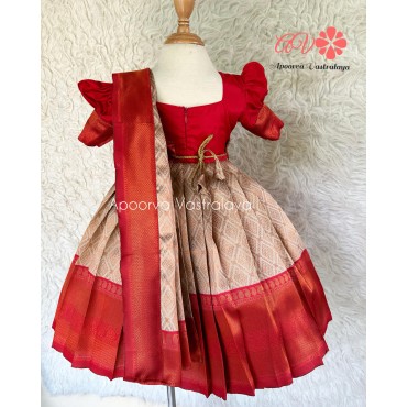 Offwhite red Detachable Dupatta Silk Gown