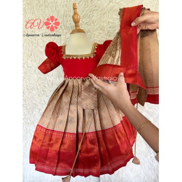 Offwhite red Detachable Dupatta Silk Gown