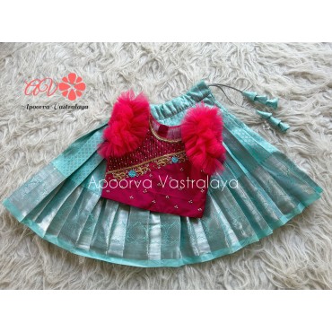 Poppy pink & Skyblue aari work pattu langa