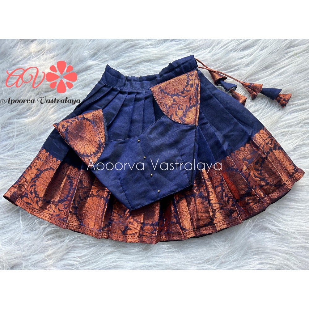 Navy Blue Tissue Silk Patch sleeve pattu pavadai