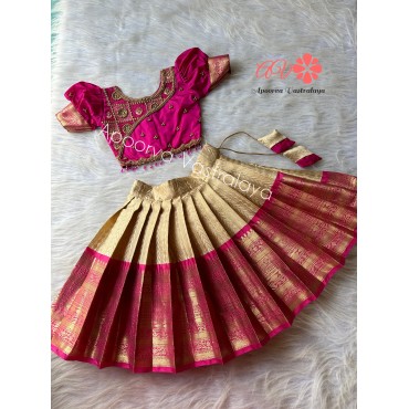 Poppy pink & offwhite aari silk lehenga