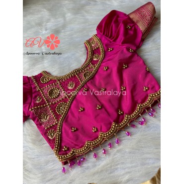 Poppy pink & offwhite aari silk lehenga