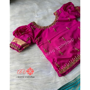 Poppy pink & sky blue aari silk lehenga