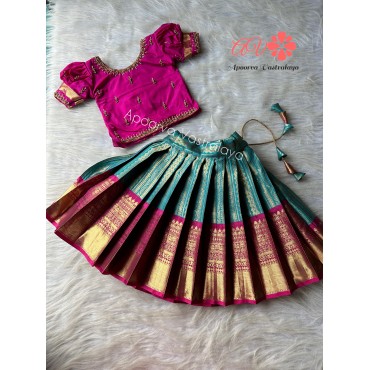 Poppy pink & sky blue aari silk lehenga