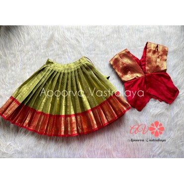 Red and Leaf green dupatta pattern aari silk lehenga