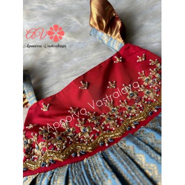 Powder blue & Red triple layer aari silk gown