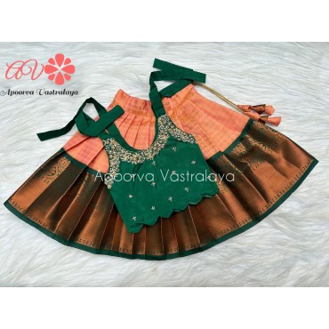 Peach & Bottle green tie up aari lehenga