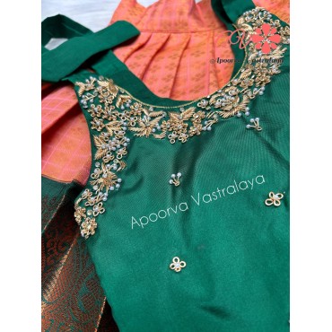 Peach & Bottle green tie up aari lehenga