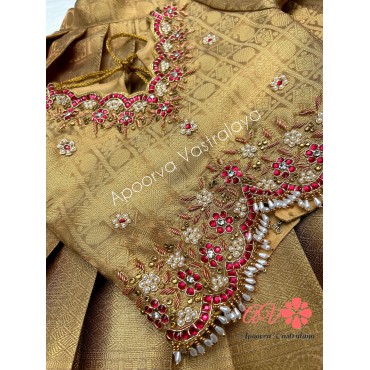 Gold heavy kundan work pattu pavadai 