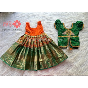 Orange & Green heavy loreal work pattu pavadai 