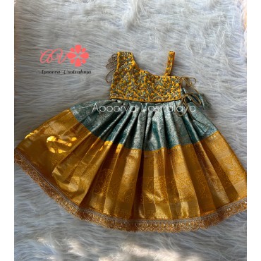 Yellow & Metallic Blue Heavy Aari Silk Gown