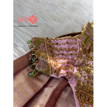 Lilac & Metallic Green Premium aari lehenga