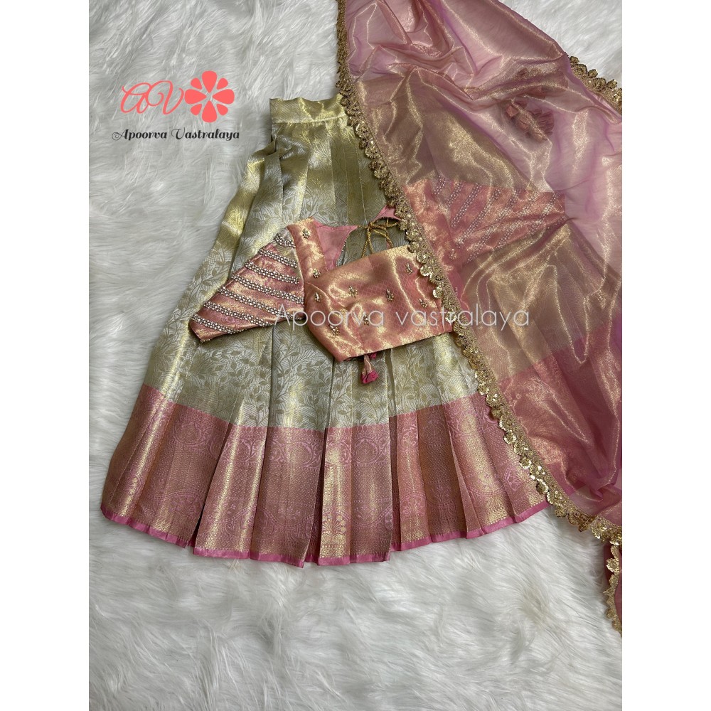 Pastel pink & offwhite silk lehenga