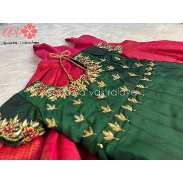 Bottle green & Magenta Pink Zardoosi Work Pattu Pavadai