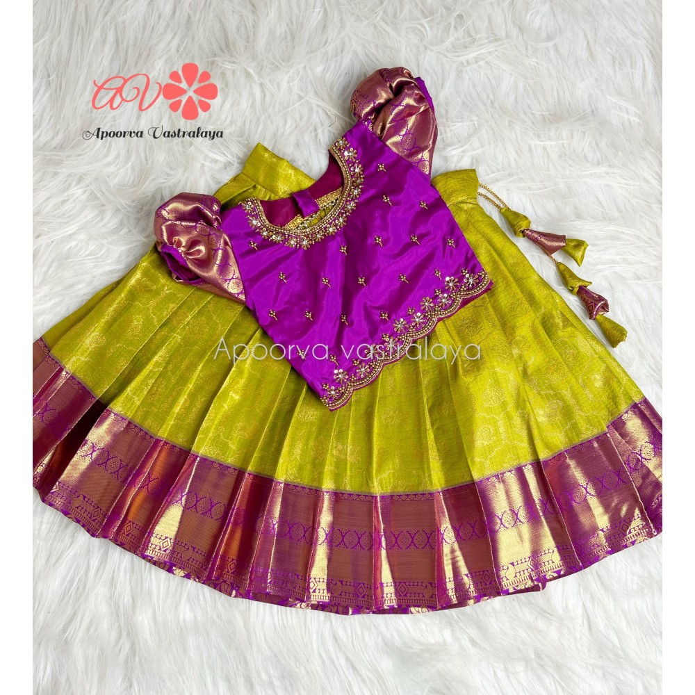 Lime Green & Purple Aari Work Pattu Pavadai