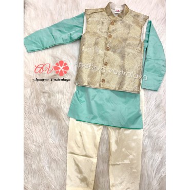 Offwhite & Sea Green Tissue cut coat & kurta set