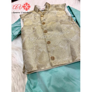 Offwhite & Sea Green Tissue cut coat & kurta set
