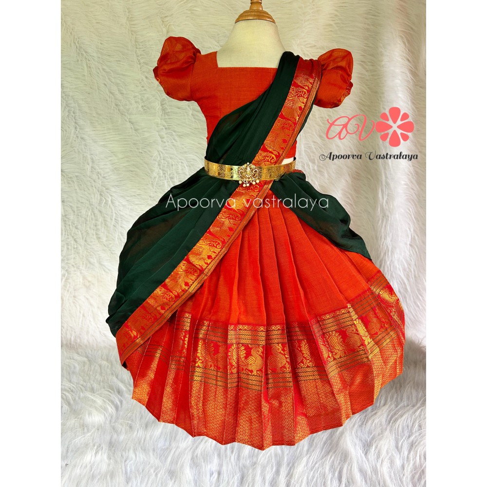 Orange and Bottle Green Half Saree