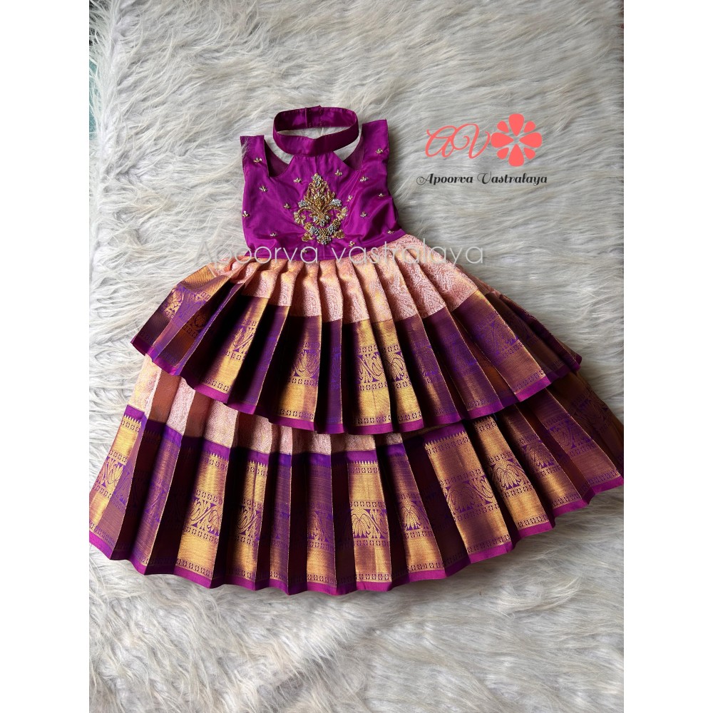 Purple & Baby Pink halter neck double layer aari silk gown