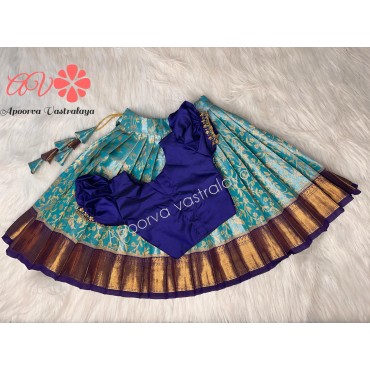 Sky blue and Navy blue Aari Silk Lehenga