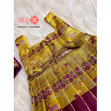 Wine and Yellowish Green Semi Kanchi Overcoat Silk Gown