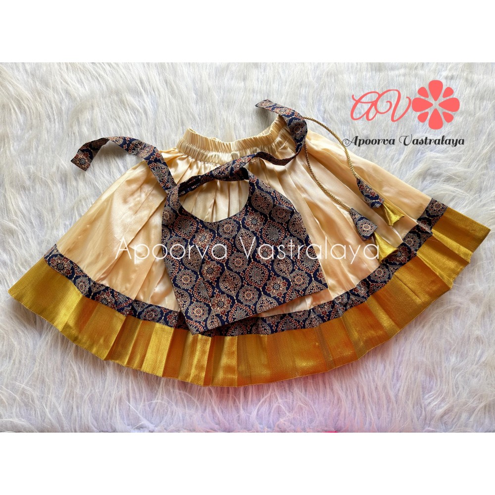 NavyBlue Ajrak Print Kerala Kasavu Lehenga 